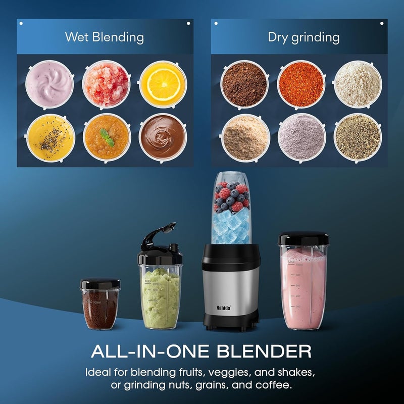 Nahida Blender for Smoothies, 1200W Smoothie Blender for Ice Crushing, Blenders with (2) 6-Fin Blades, Personal Blenders for Kitchen with 23oz, 32oz, 37oz Easy Go Cups for Juices, Silver - Image 4